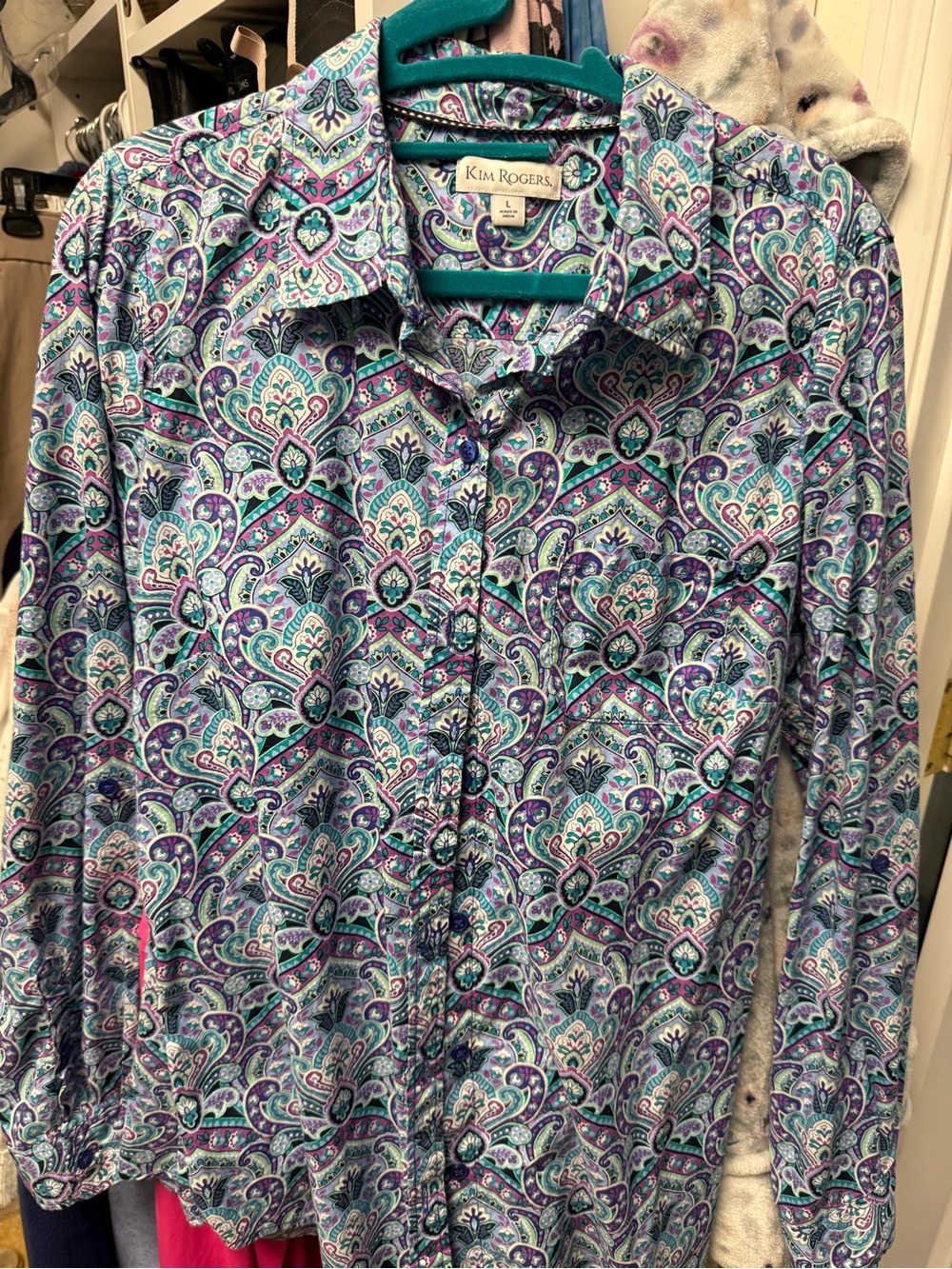 Kim Rogers Teal & Purple Paisley Button-Up Blouse